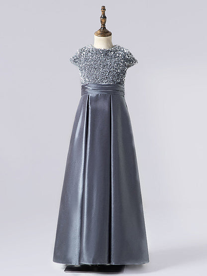 Column Cap Sleeve Jewel Neck Satin Flower Girl Dress with Pleats