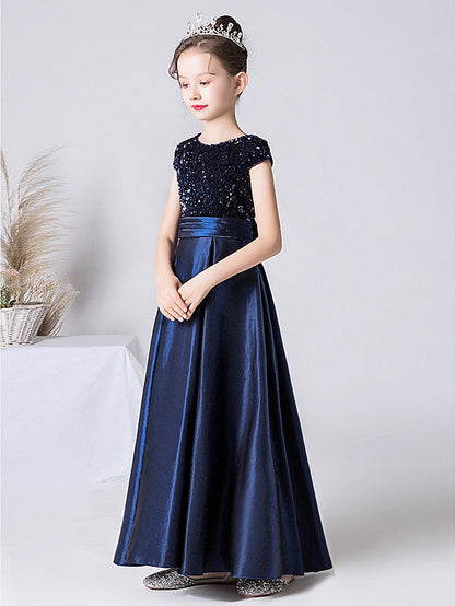 Column Cap Sleeve Jewel Neck Satin Flower Girl Dress with Pleats