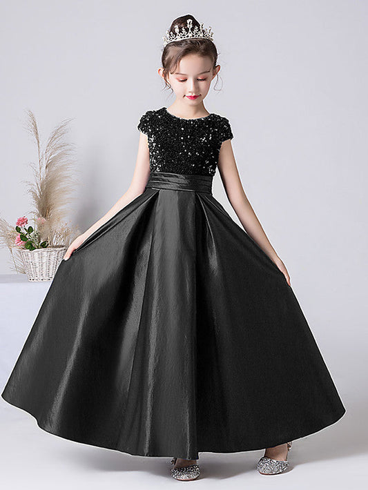 Column Cap Sleeve Jewel Neck Satin Flower Girl Dress with Pleats