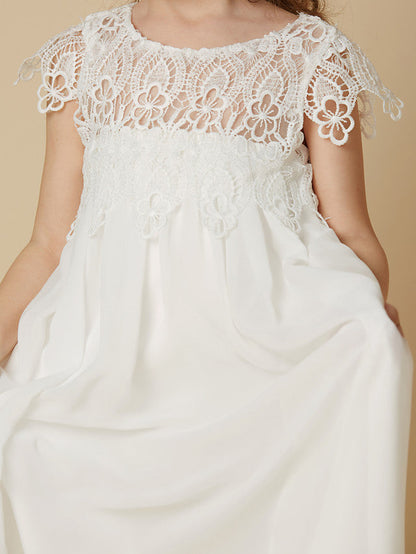 Column Short Sleeve Scoop Neck Lace Flower Girl Dresses