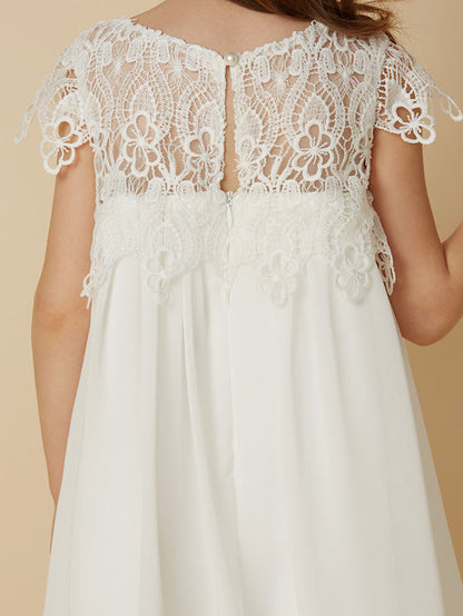 Column Short Sleeve Scoop Neck Lace Flower Girl Dresses
