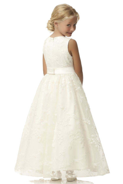 Cute A-line Jewel Sleeveless Floor Length Flower Girl Dress with Lace & Ribbons
