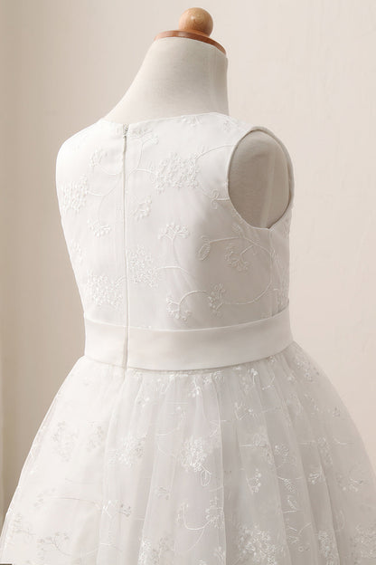 Cute A-line Jewel Sleeveless Floor Length Flower Girl Dress with Lace & Ribbons