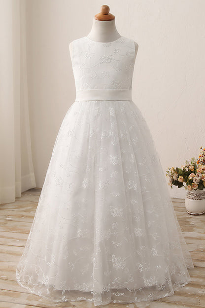 Cute A-line Jewel Sleeveless Floor Length Flower Girl Dress with Lace & Ribbons