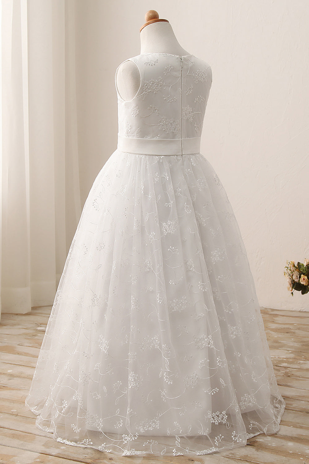 Cute A-line Jewel Sleeveless Floor Length Flower Girl Dress with Lace & Ribbons