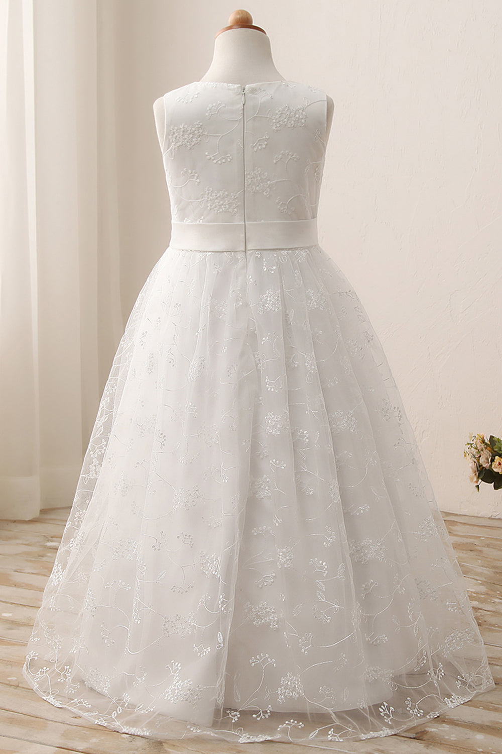 Cute A-line Jewel Sleeveless Floor Length Flower Girl Dress with Lace & Ribbons