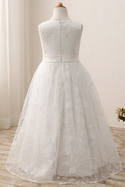 Cute A-line Jewel Sleeveless Floor Length Flower Girl Dress with Lace & Ribbons