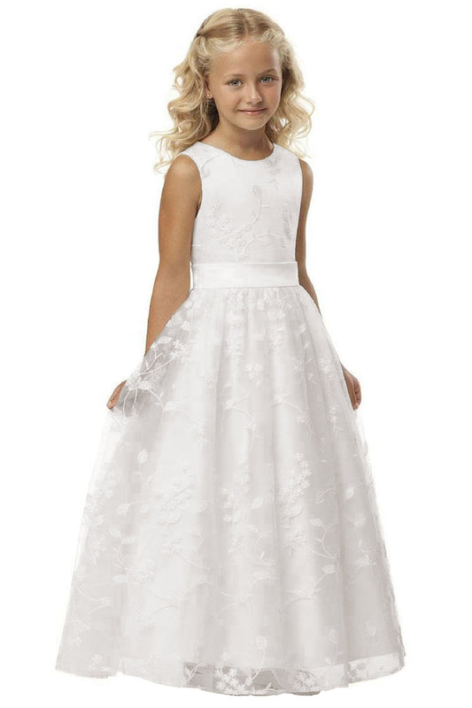 Cute A-line Jewel Sleeveless Floor Length Flower Girl Dress with Lace & Ribbons