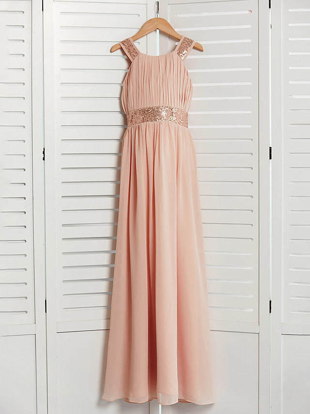 Daiada A-Line Jewel Neck Maxi Chiffon Flower Girl Dress With Lace Sash Ribbon