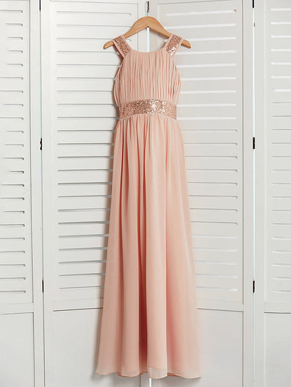 Daiada A-Line Jewel Neck Maxi Chiffon Flower Girl Dress With Lace Sash Ribbon
