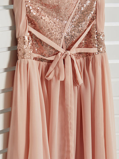 Daiada A-Line Jewel Neck Maxi Chiffon Flower Girl Dress With Lace Sash Ribbon