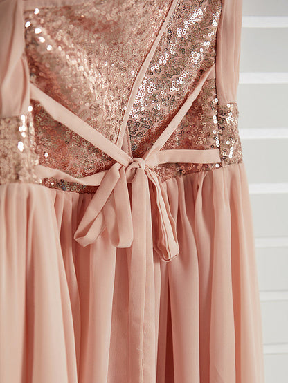Daiada A-Line Jewel Neck Maxi Chiffon Flower Girl Dress With Lace Sash Ribbon