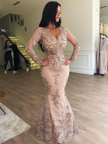 Detachable Overskirt Long Sleeves Prom Dress Mermaid Lace Evening Gowns