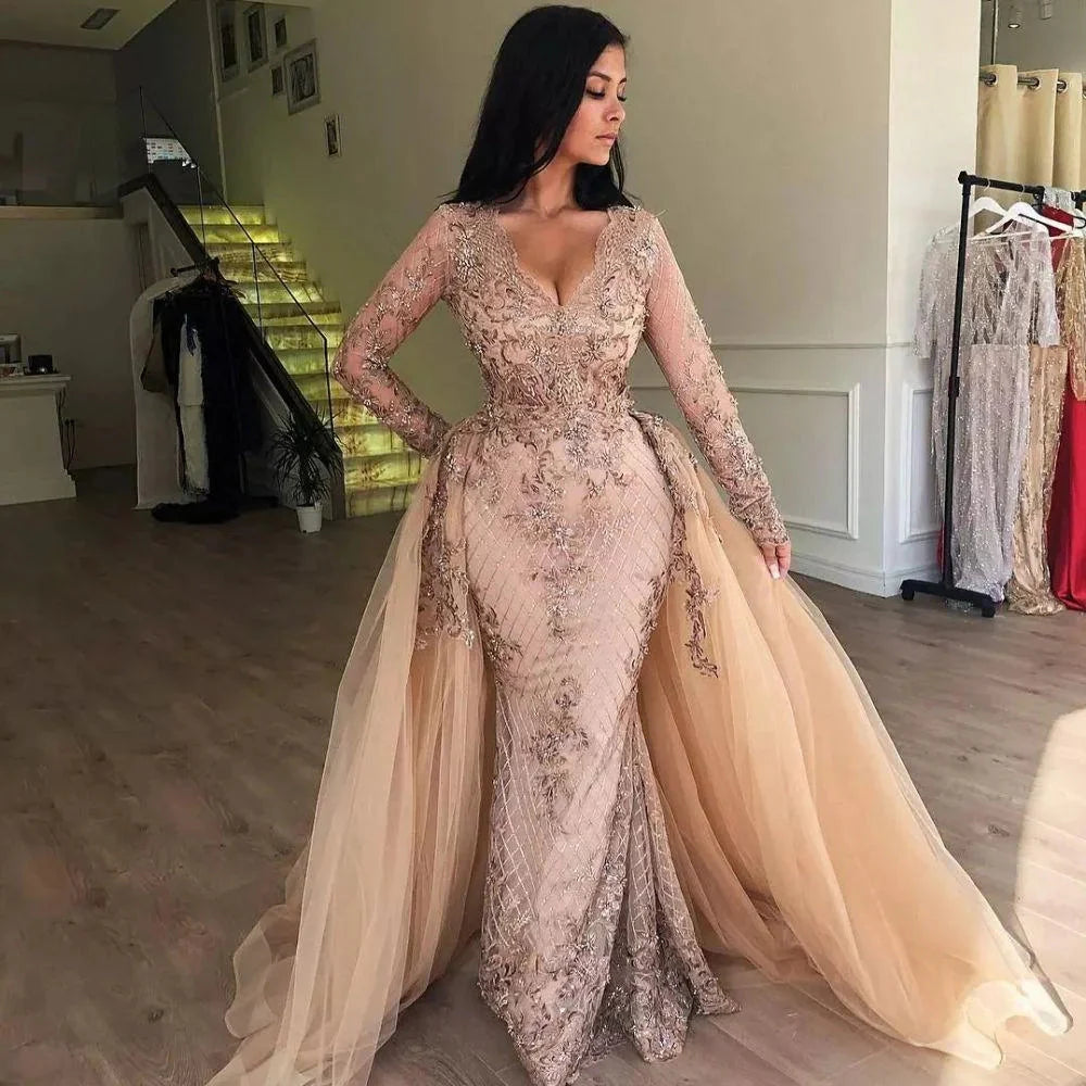 Detachable Overskirt Long Sleeves Prom Dress Mermaid Lace Evening Gowns