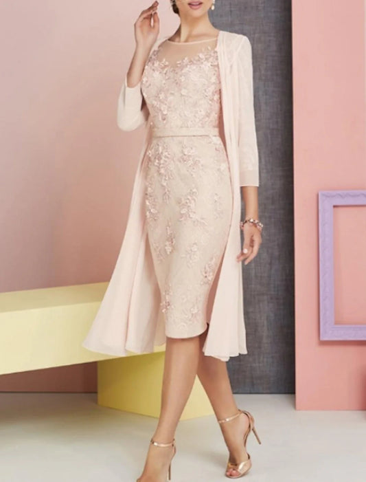 Two Piece Sheath / Column Mother of the Bride Dress Wedding Guest Church Elegant Vintage Plus Size Bateau Neck Knee Length Chiffon Lace 3/4 Length Sleeve Jacket Dresses with Appliques