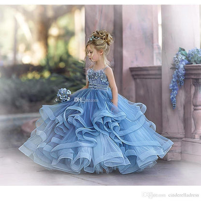 Dusty Blue Flower Girl Dresses with Spaghetti Straps & Lace Appliques