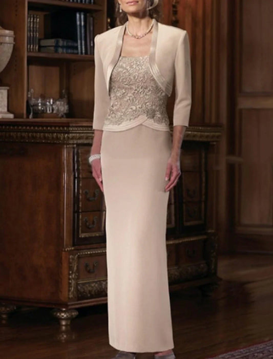 Sheath / Column Mother of the Bride Dress Wedding Guest Elegant Plus Size Straight Neckline Floor Length Chiffon Satin Lace Sleeveless Short Jacket Dresses with Sash / Ribbon Appliques