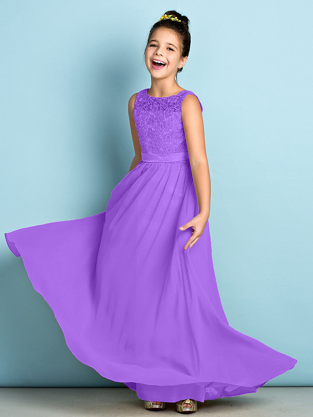 Elegant A-Line Floor Length Lace Junior Bridesmaid Dress