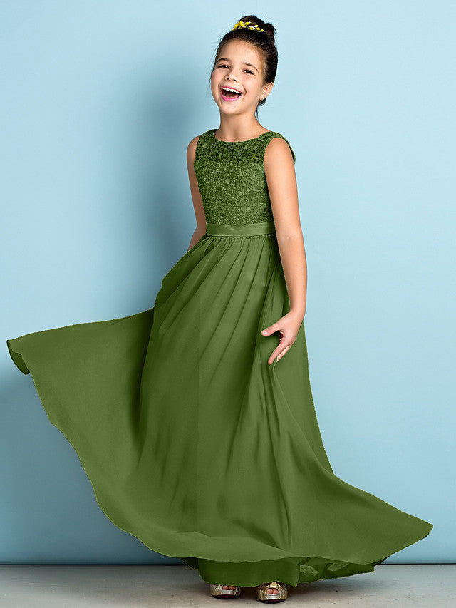 Elegant A-Line Floor Length Lace Junior Bridesmaid Dress