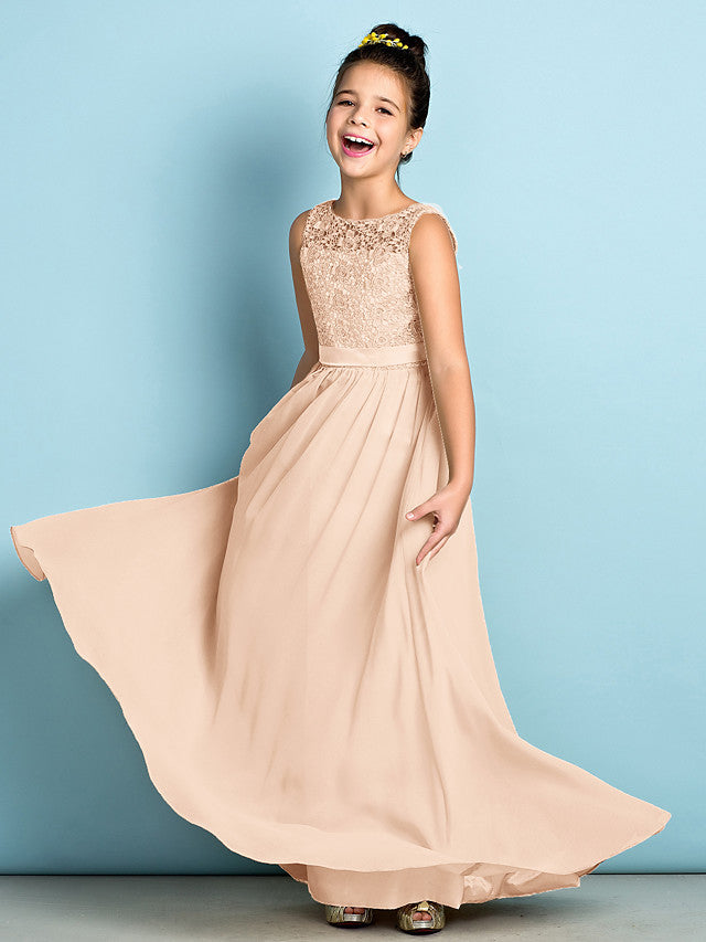 Elegant A-Line Floor Length Lace Junior Bridesmaid Dress