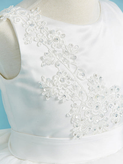 Elegant Ball Gown Crew Neck Floor Length Lace Tulle Flower Girl Dress With Sash Ribbon Pleats Beading