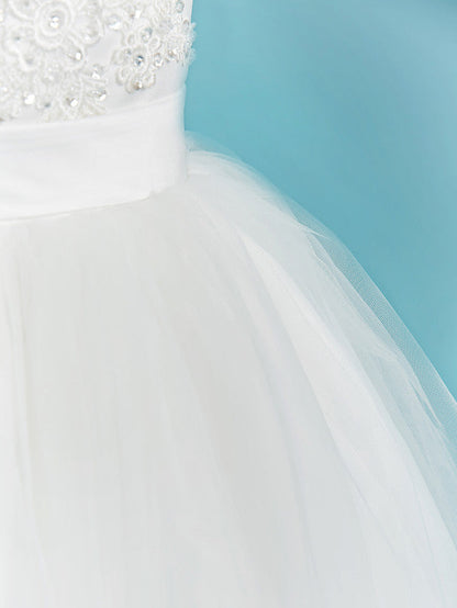 Elegant Ball Gown Crew Neck Floor Length Lace Tulle Flower Girl Dress With Sash Ribbon Pleats Beading