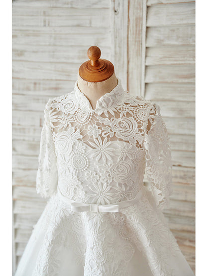 Elegant Ball Gown Long Sleeve High Neck Flower Girl Dress with Lace Tulle Bows and Sash Ribbon