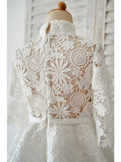 Elegant Ball Gown Long Sleeve High Neck Flower Girl Dress with Lace Tulle Bows and Sash Ribbon