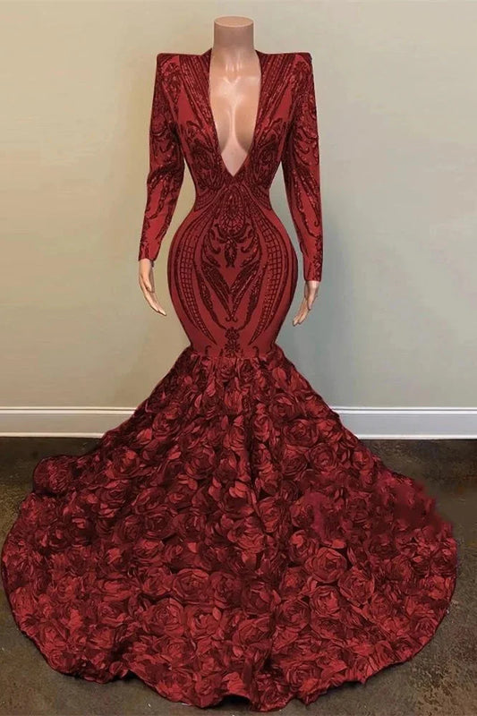 Elegant Burgundy Sequins Lace Prom Dress Long Sleeves Evening Gowns With Flowers Bottom
