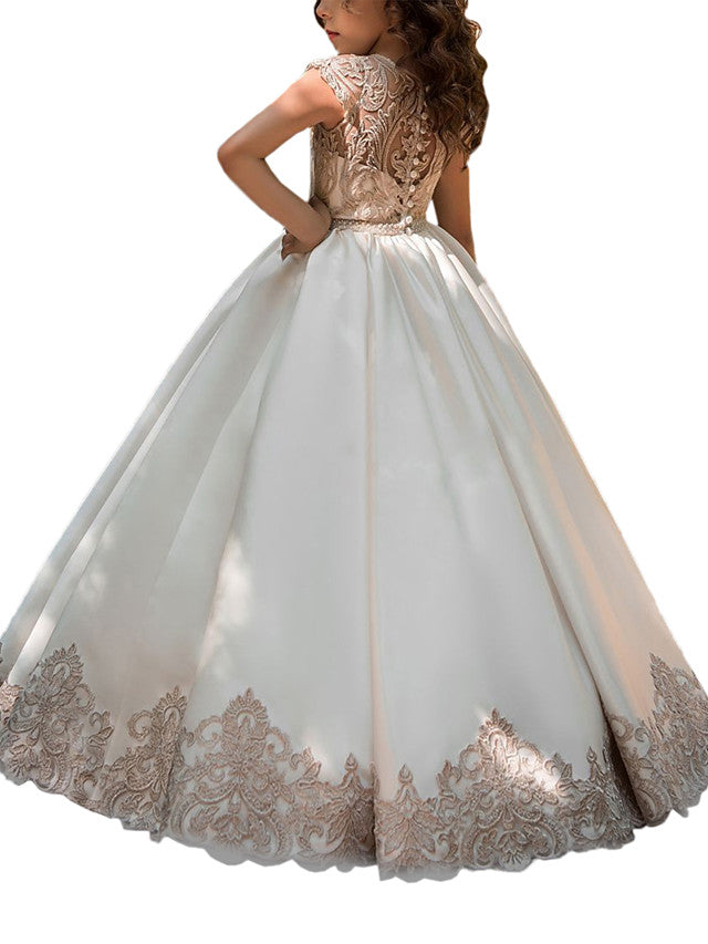 Elegant Cap Sleeve Jewel Neck Ball Gown Flower Girl Dresses with Lace Satin and Acrylic Appliques
