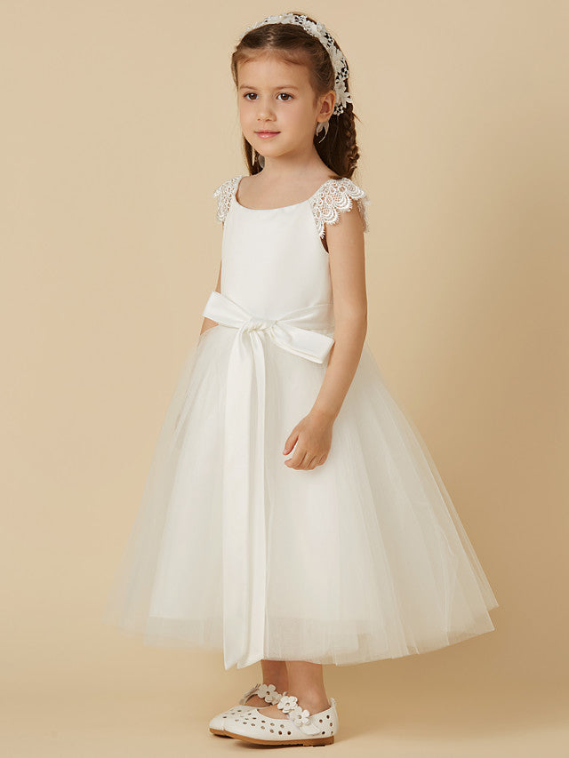 Elegant Flower Girl Dress - Short Sleeve Scoop Neck Lace Satin Tulle With Sash Ribbon Bow