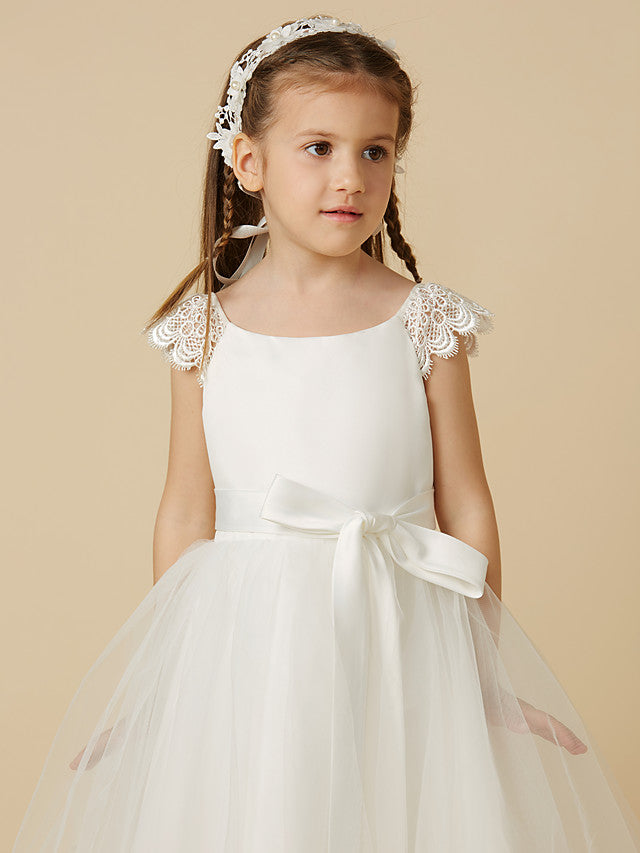 Elegant Flower Girl Dress - Short Sleeve Scoop Neck Lace Satin Tulle With Sash Ribbon Bow