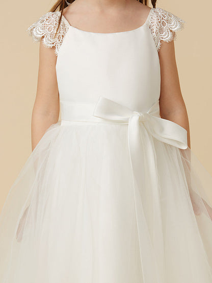 Elegant Flower Girl Dress - Short Sleeve Scoop Neck Lace Satin Tulle With Sash Ribbon Bow