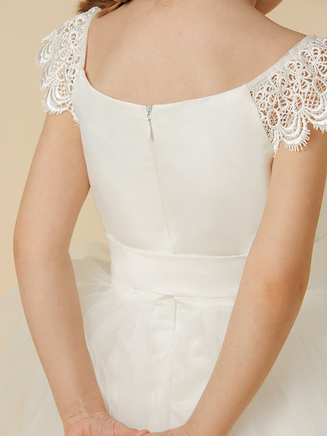 Elegant Flower Girl Dress - Short Sleeve Scoop Neck Lace Satin Tulle With Sash Ribbon Bow