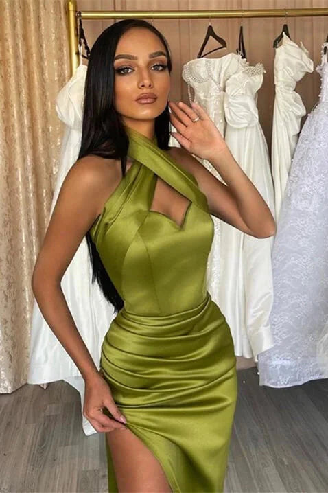 Elegant Halter Sleeveless Mermaid Olive Green Evening Dress Split Online