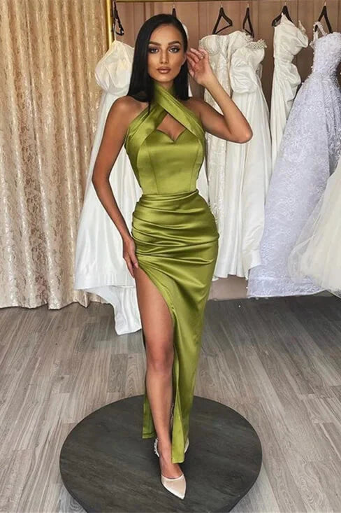 Elegant Halter Sleeveless Mermaid Olive Green Evening Dress Split Online