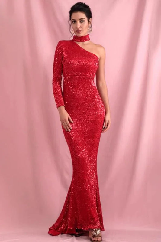 Elegant High-Neck Sequins Prom Dress Mermaid Long Sleeve Evening Gowns