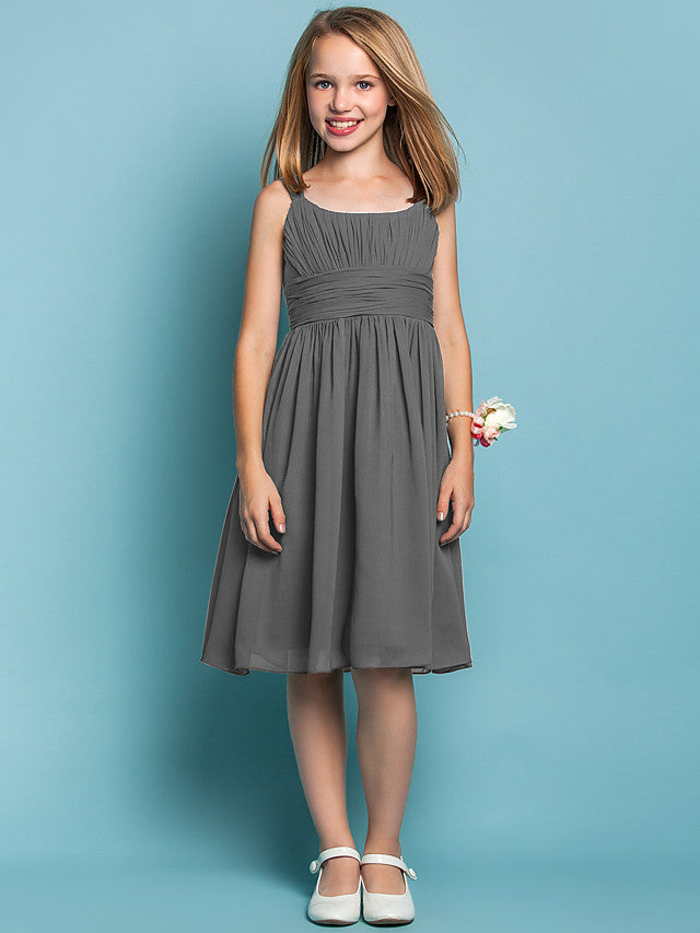 Elegant Knee-Length Chiffon Flower Girl Dress with Sheath Column Straps and Ruched Draping