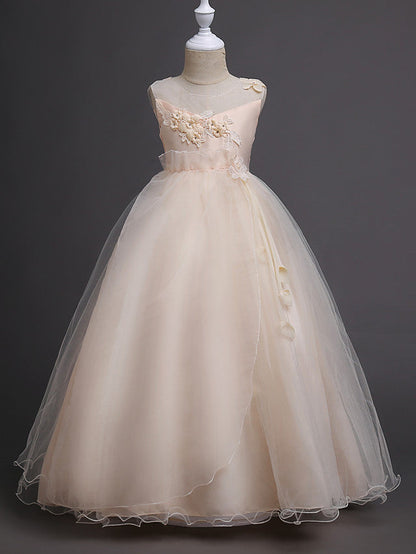 Elegant Lace Bow Appliques Floor Length Sleeveless Flower Girl Dresses