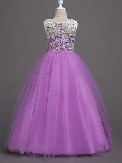 Elegant Lace Satin Tulle Long Length Sleeveless Jewel Neck Flower Girl Dress