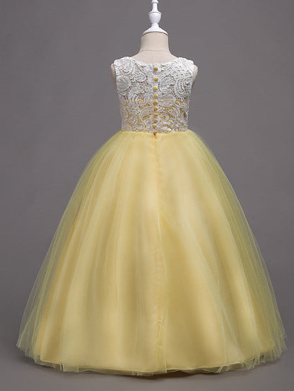 Elegant Lace Satin Tulle Long Length Sleeveless Jewel Neck Flower Girl Dress