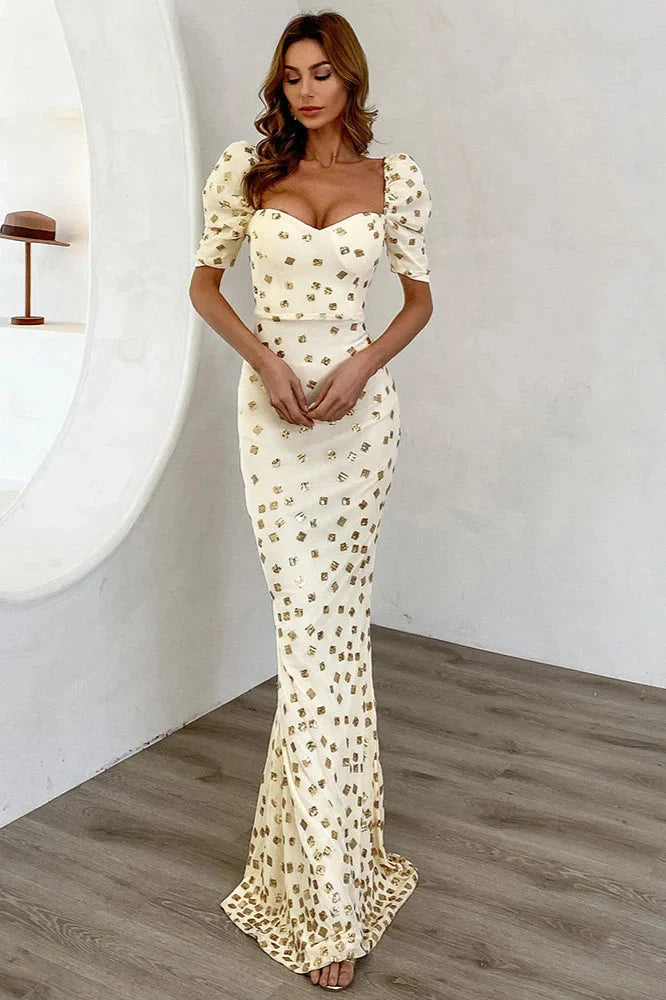Elegant Puff Sleeve Mermaid Long Evening Party Dress