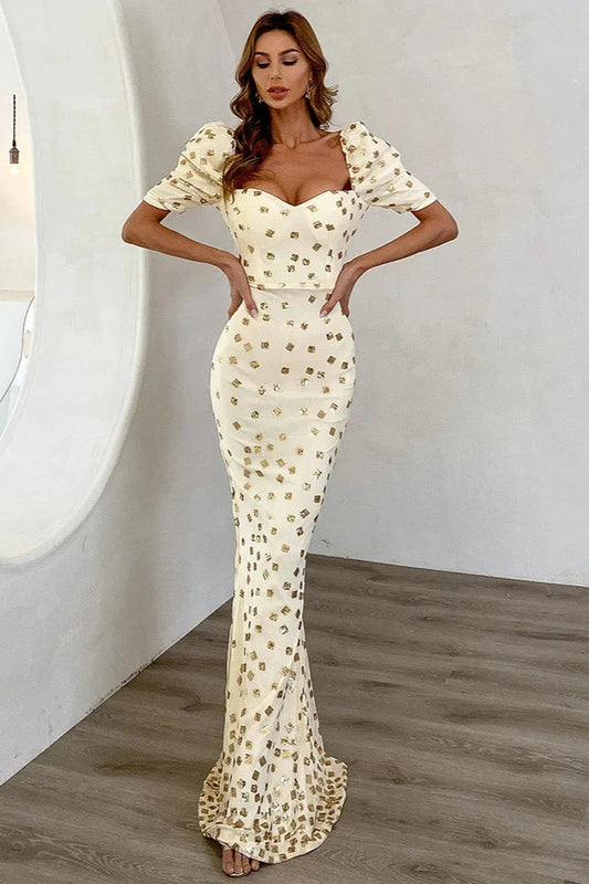 Elegant Puff Sleeve Mermaid Long Evening Party Dress