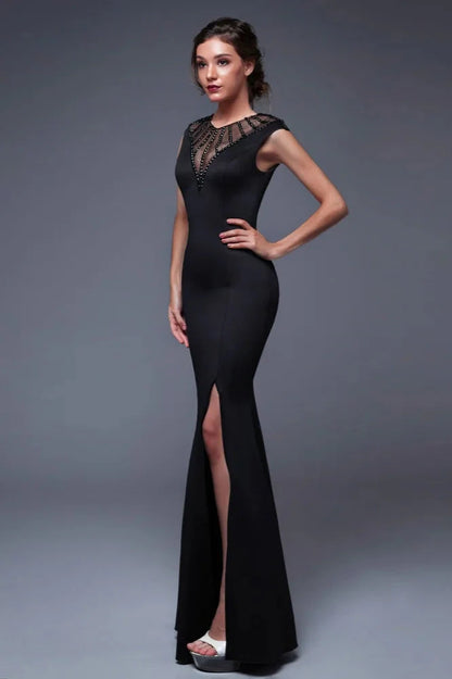 Elegant Scoop Mermaid Evening Gowns Long Split Prom Dress With Beadings