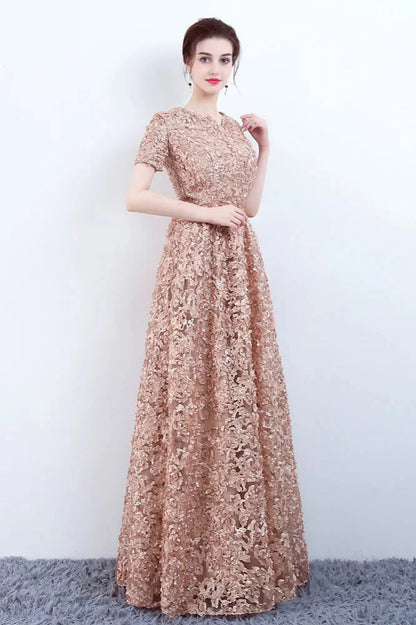 Elegant Short Or Long Sleeves Lace Evening Gowns Online Zipper Back With Belt
