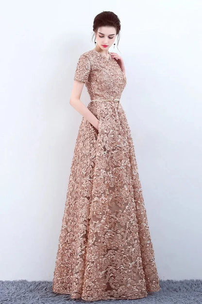 Elegant Short Or Long Sleeves Lace Evening Gowns Online Zipper Back With Belt