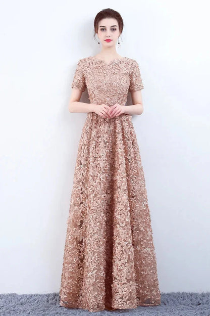 Elegant Short Or Long Sleeves Lace Evening Gowns Online Zipper Back With Belt