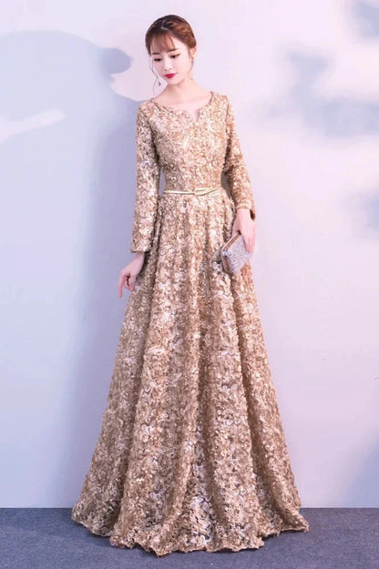 Elegant Short Or Long Sleeves Lace Evening Gowns Online Zipper Back With Belt