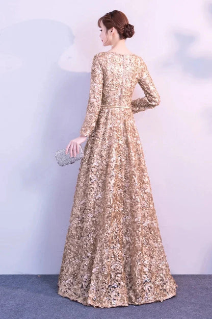 Elegant Short Or Long Sleeves Lace Evening Gowns Online Zipper Back With Belt