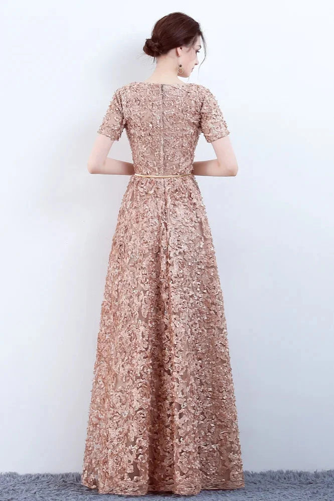 Elegant Short Or Long Sleeves Lace Evening Gowns Online Zipper Back With Belt